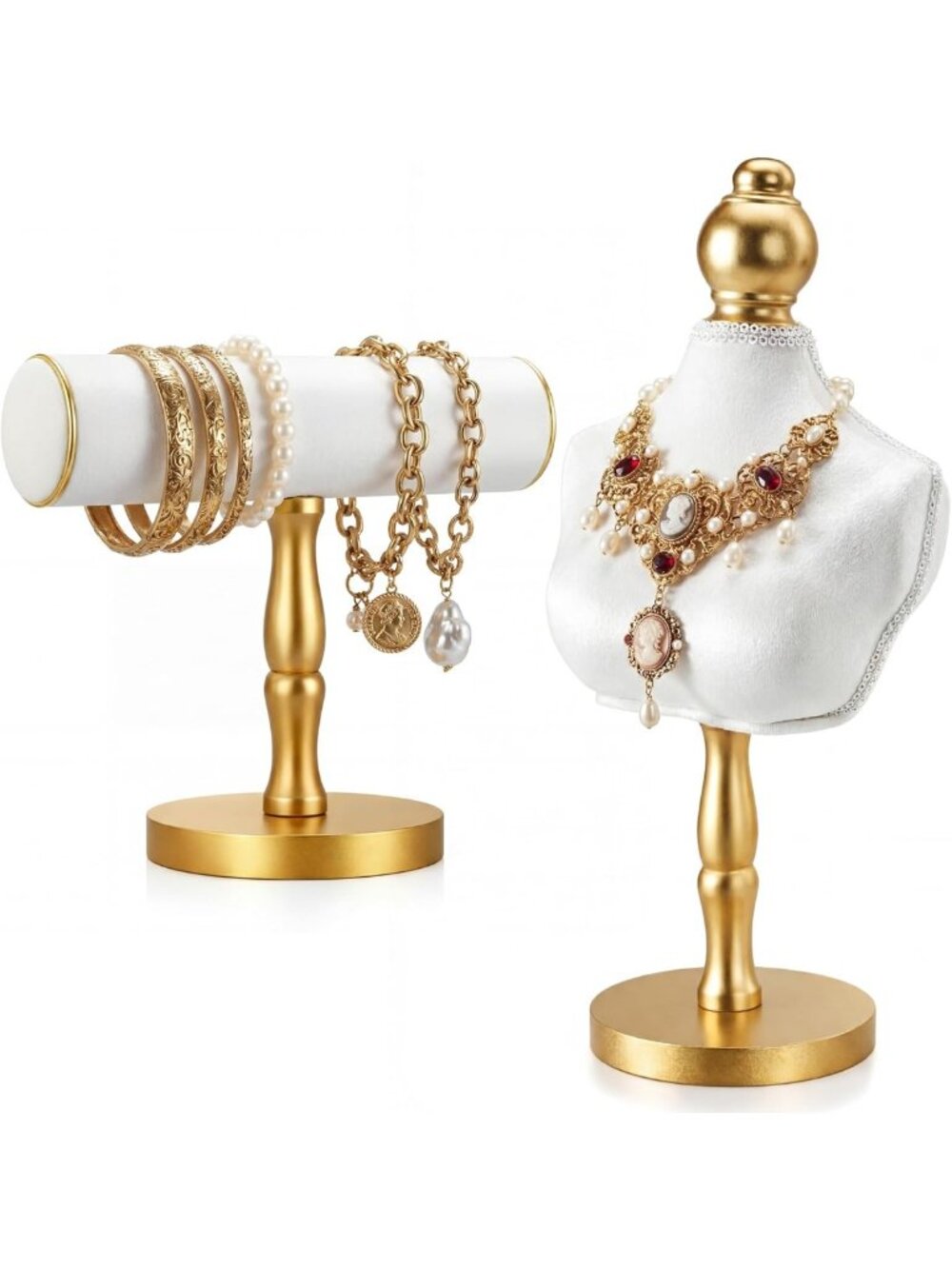 Elegant Velvet Jewelry Display Set - 2 Pcs Necklace Bust & T-Bar Stand, White